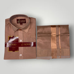 Horad Premium Art Silk Dad and Son Copper  Shirt + Dhoti + Angavastram