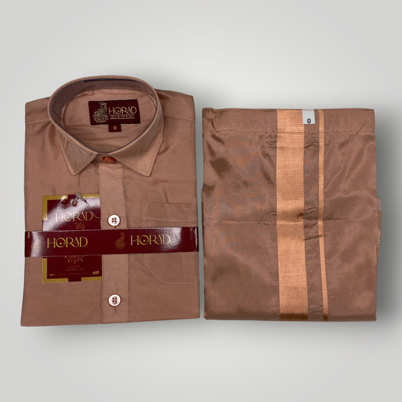 Horad Premium Art Silk Dad and Son Copper  Shirt + Dhoti + Angavastram + Belt
