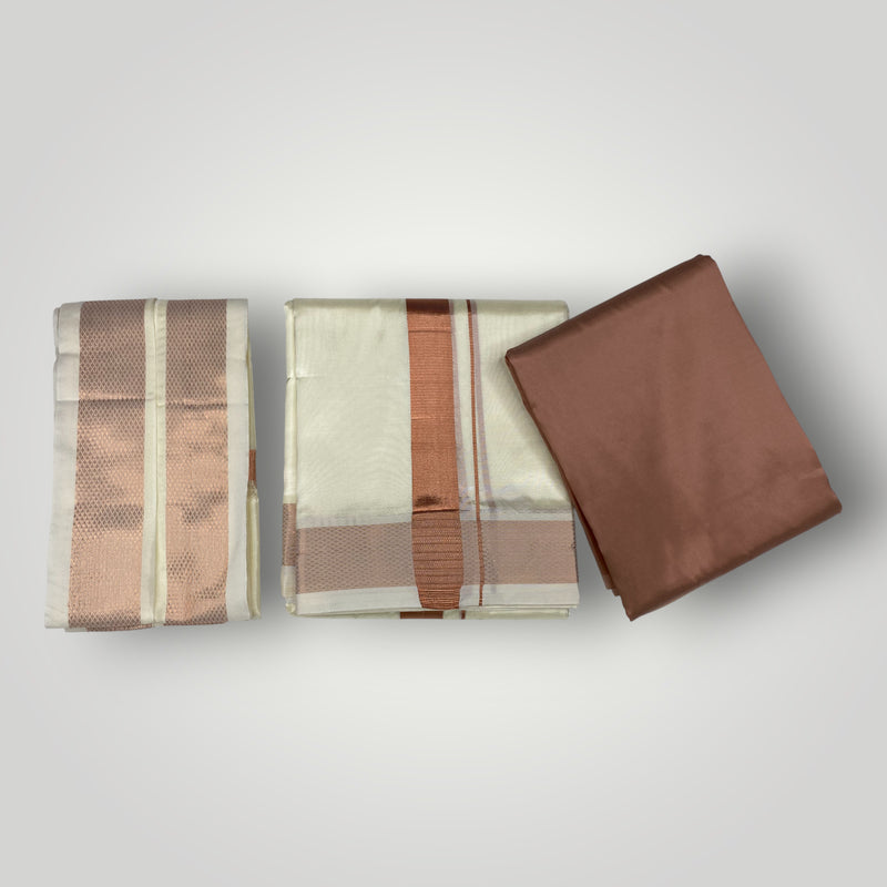 HORAD Premium Art Silk Cream Dhoti with Copper Shirt Material + Angavastram