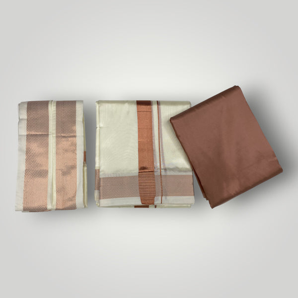 HORAD Premium Art Silk Copper Shirt Material (3 Meter) + Cream (9X5) Dhoti + Angavastram