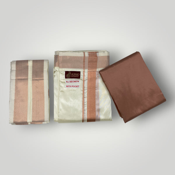 HORAD Premium Art Silk Cream Welcro Dhoti with Copper Shirt Material + Angavastram
