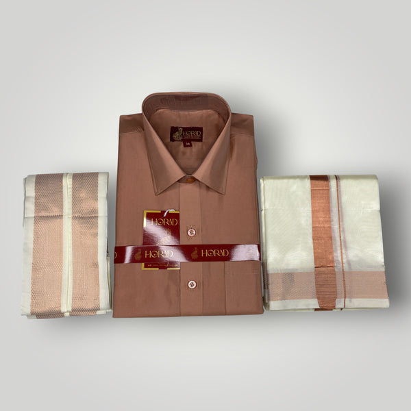 Horad Premium Art Silk Copper Shirt + Cream Dhoti +  Angavastram