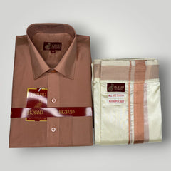 Horad Premium Art Silk Dad and Son Copper Shirt + Cream Dhoti