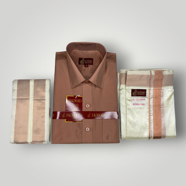 Horad Premium Art Silk Copper Shirt + Cream Welcro Dhoti + Angavastram