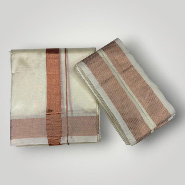 HORAD Premium Art Silk Cream Dhoti with Copper Shirt Material + Angavastram + Belt