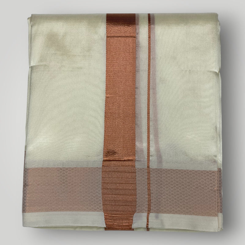HORAD Premium Art Silk Copper Shirt Material (3 Meter) + Cream (9X5) Dhoti + Angavastram