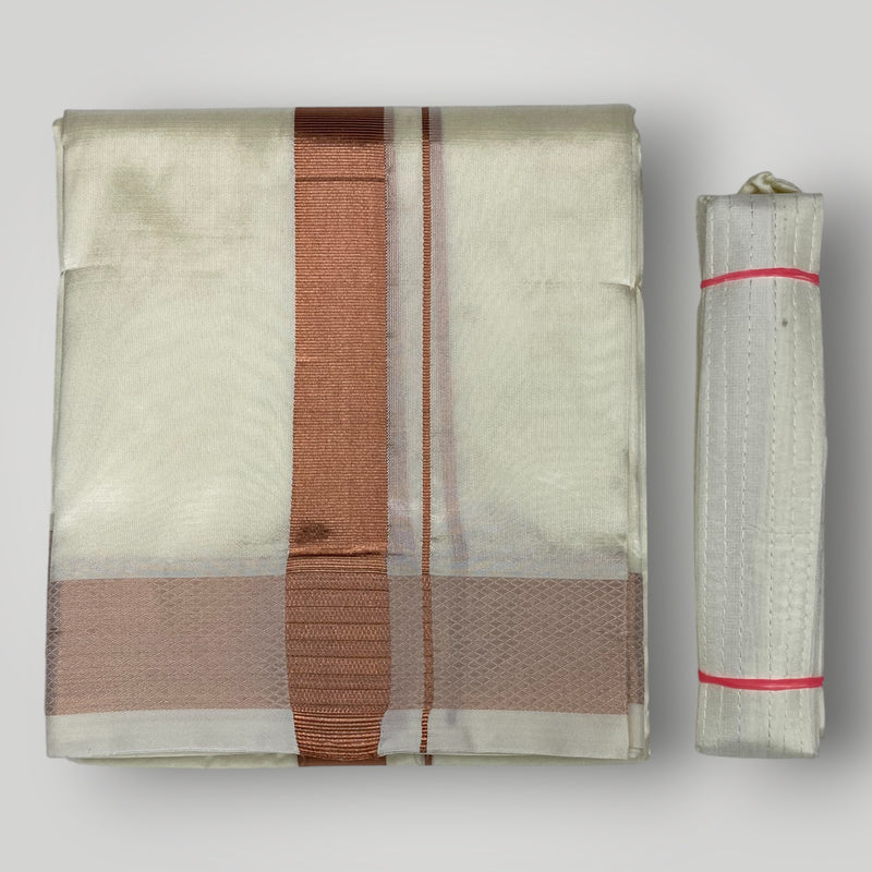 HORAD Premium Art Silk Cream Dhoti with Copper Shirt Material + Angavastram + Belt