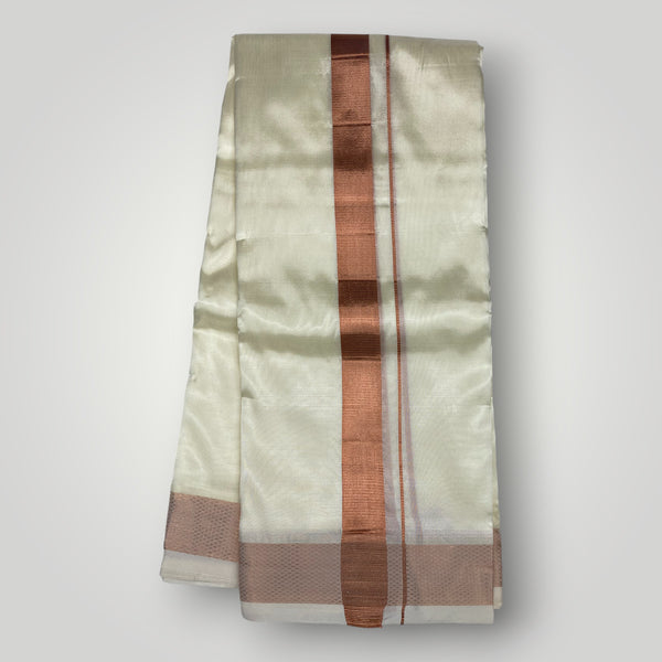 HORAD Premium Art Silk Cream Dhoti with Copper Shirt Material + Angavastram + Belt