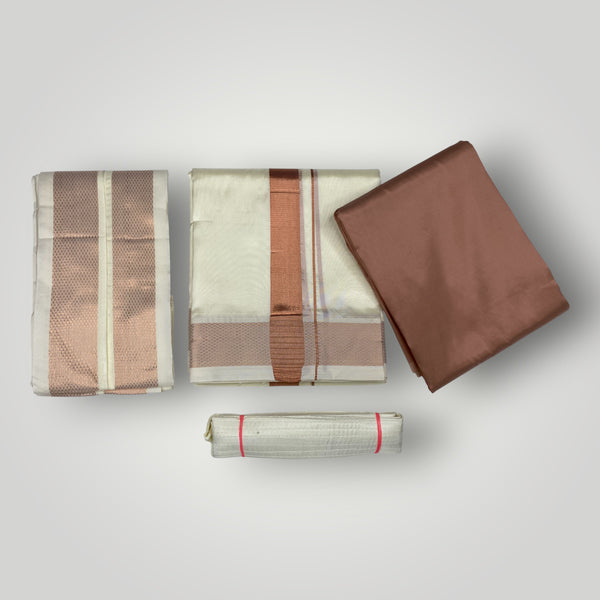 HORAD Premium Art Silk Cream Dhoti with Copper Shirt Material + Angavastram + Belt
