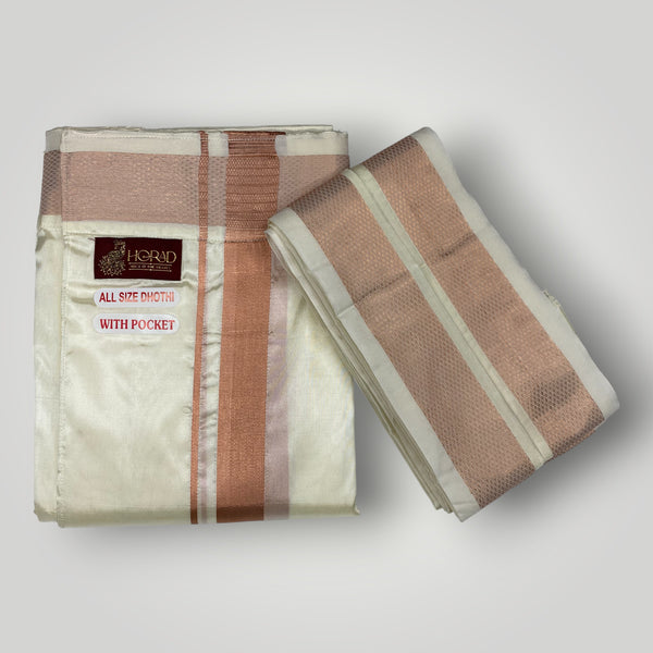 Horad Premium Art Silk Copper Shirt + Cream Welcro Dhoti + Angavastram