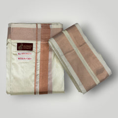 HORAD Premium Art Silk Cream Welcro Dhoti with Copper Shirt Material + Angavastram