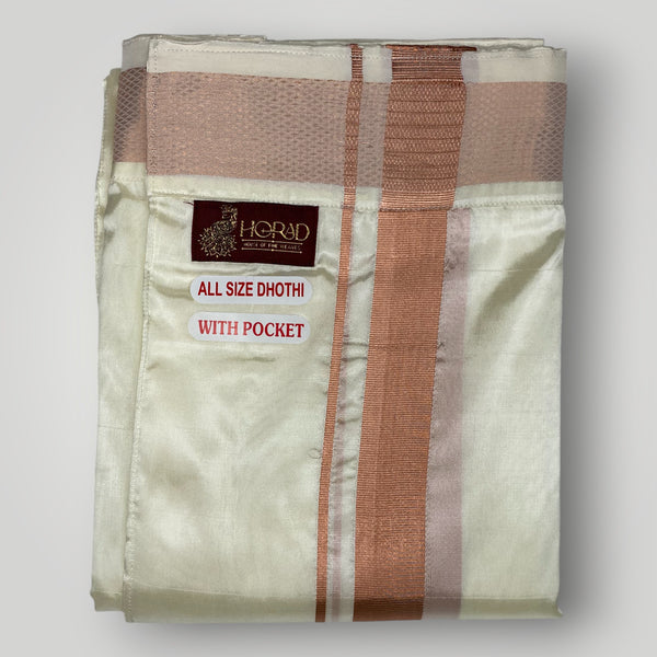 Horad Premium Art Silk Cream Shirt + Copper Zari Welcro Dhoti