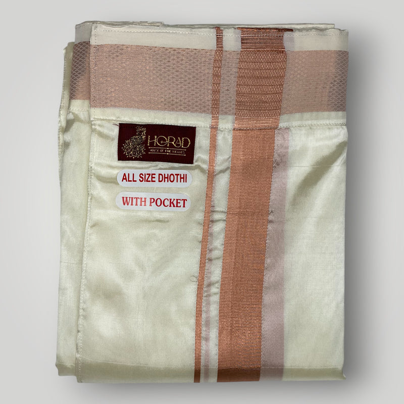 HORAD Premium Art Silk Cream Welcro Dhoti with Copper Shirt Material + Angavastram