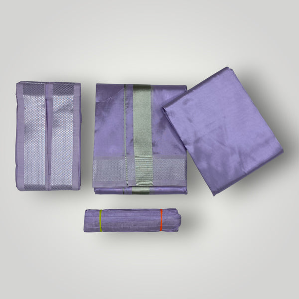 HORAD Premium Art Silk Lavender Dhoti with Shirt Material + Angavastram + Belt