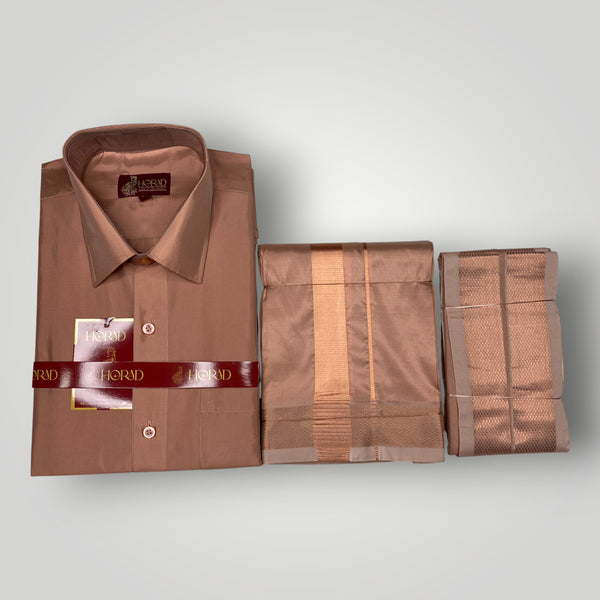 Horad Premium Art Silk Copper Shirt + Dhoti +  Angavastram