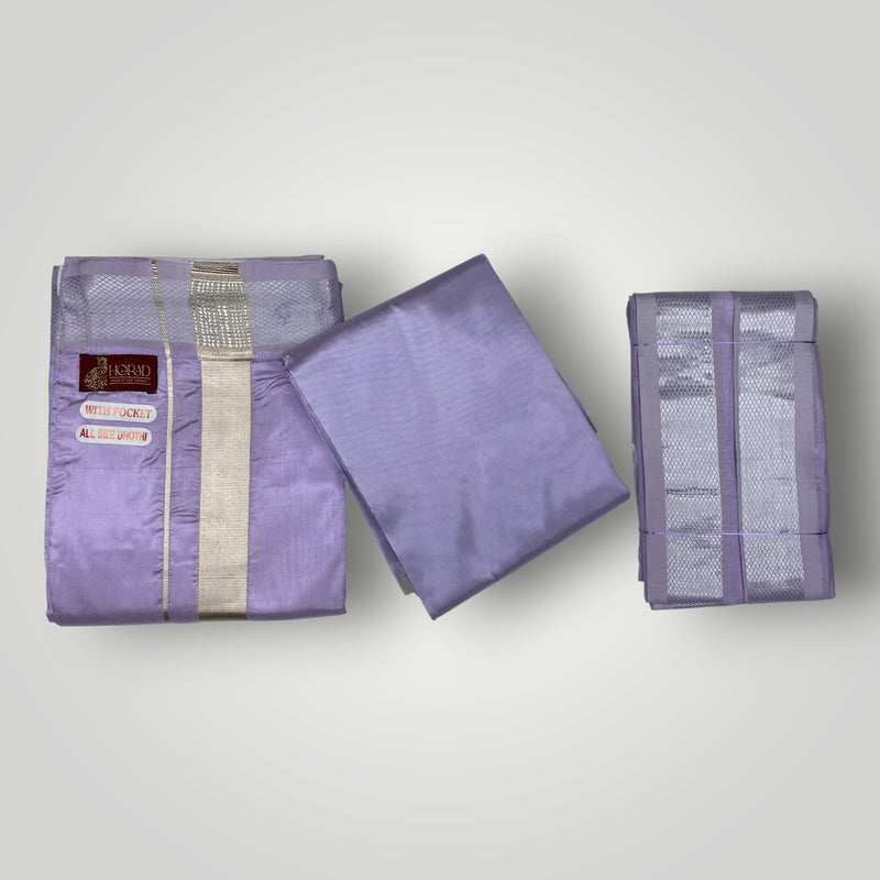 HORAD Premium Art Silk Lavender Welcro Dhoti with Shirt Material + Angavastram