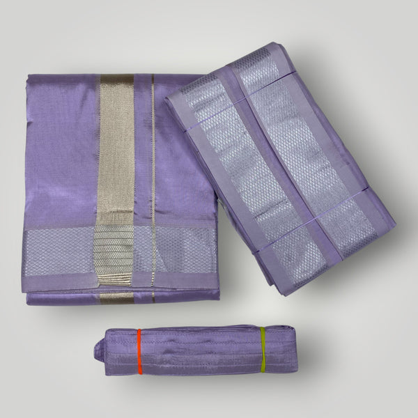 HORAD Premium Art Silk Lavender Dhoti + Angavastram + Belt