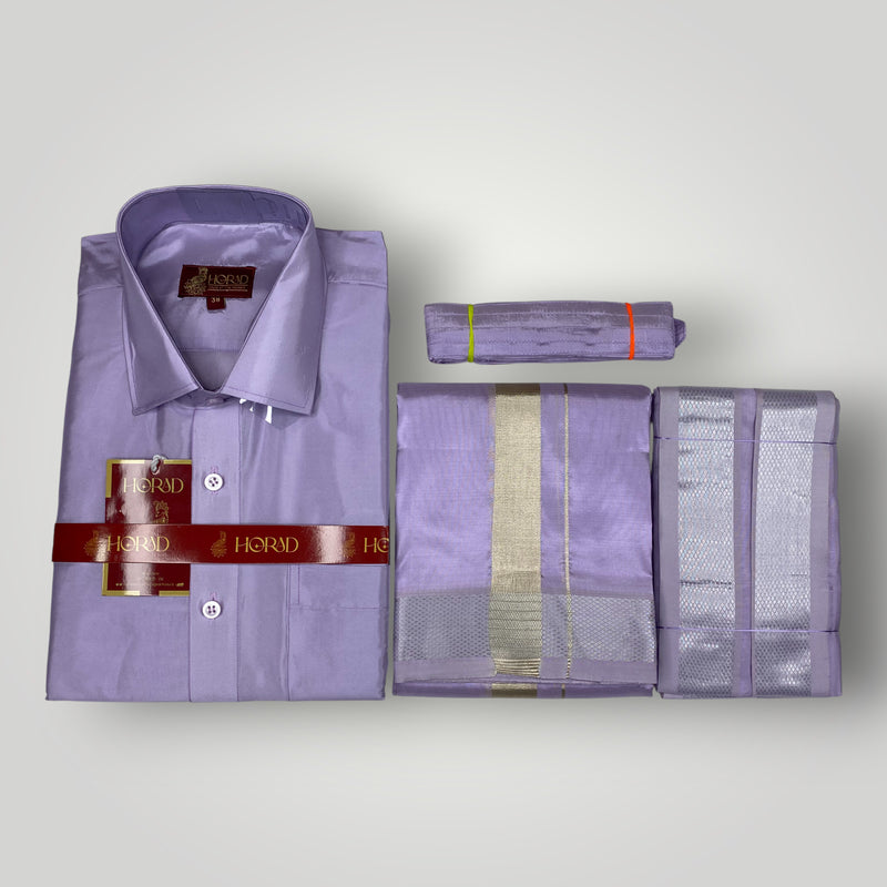 Horad Premium Art Silk Lavender Shirt + Dhoti +  Angavastram + Belt