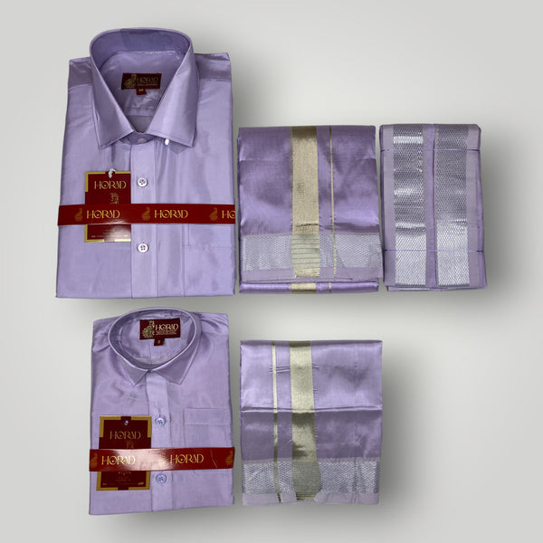 Horad Premium Art Silk Dad and Son Lavender Shirt + Dhoti + Angavastram