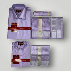 Horad Premium Art Silk Dad and Son Lavender Shirt + Dhoti + Angavastram + Belt
