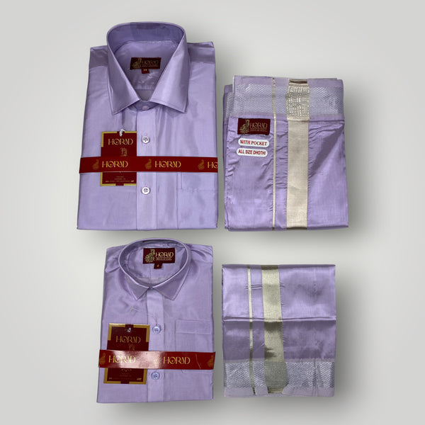 Horad Premium Art Silk Dad and Son Lavender Shirt + Welcro Dhoti