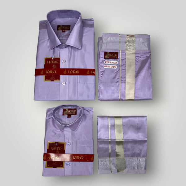 Horad Premium Art Silk Dad and Son Lavender Shirt + Welcro Dhoti