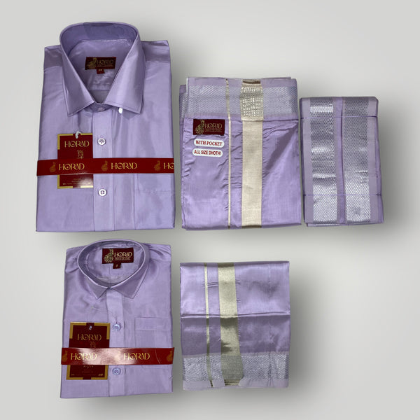 Horad Premium Art Silk Dad and Son Lavender Shirt + Welcro Dhoti + Angavastram