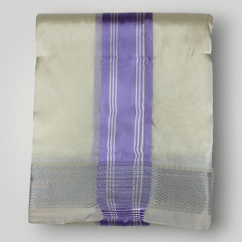 HORAD Premium Art Silk Cream with Lavender+Silver Border Dhoti
