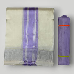 HORAD Premium Art Silk Cream with Lavender+Silver Border Dhoti + Belt