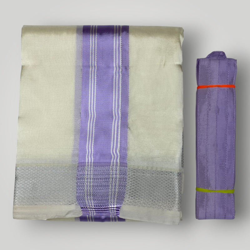 HORAD Premium Art Silk Cream with Lavender+Silver Border Dhoti + Belt
