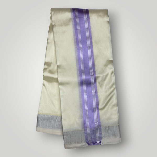 HORAD Premium Art Silk Cream with Lavender+Silver Border Dhoti