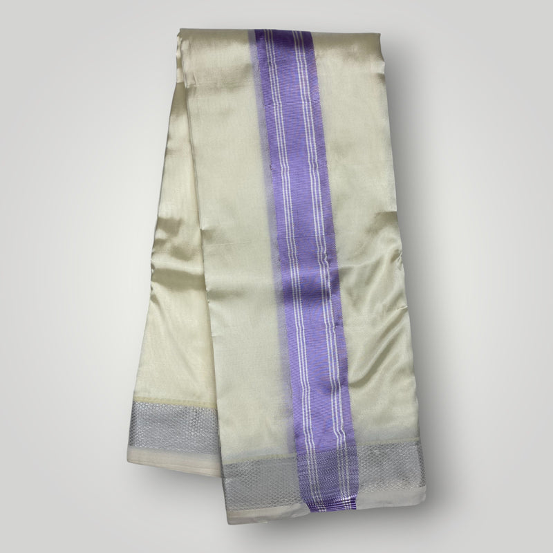 HORAD Premium Art Silk Cream with Lavender+Silver Border Dhoti + Belt