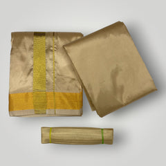 HORAD Premium Art Silk Light Gold  Dhoti with Shirt Material + Angavastram + Belt