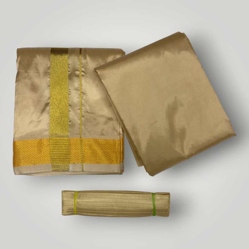HORAD Premium Art Silk Light Gold  Dhoti with Shirt Material + Angavastram + Belt