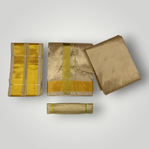 HORAD Premium Art Silk Light Gold  Shirt Material (3 Meter) + (9X5) Dhoti + Angavastram + Belt