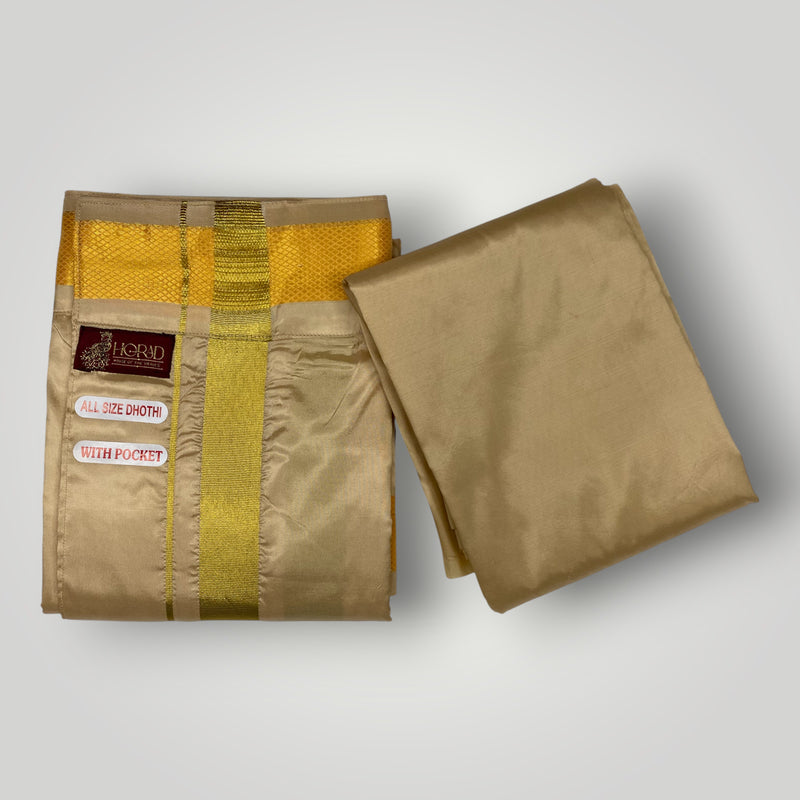 HORAD Premium Art Silk Light Gold  Welcro Dhoti with Shirt Material