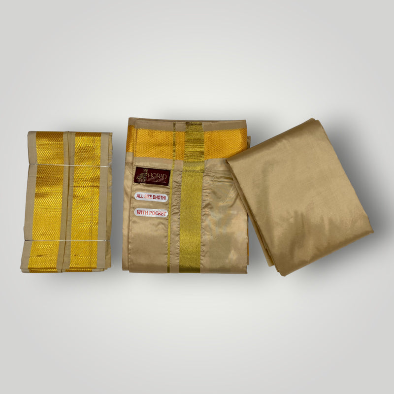 HORAD Premium Art Silk Light Gold  Welcro Dhoti with Shirt Material + Angavastram