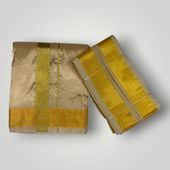 Horad Premium Art Silk Light Gold  Shirt + Dhoti +  Angavastram + Belt