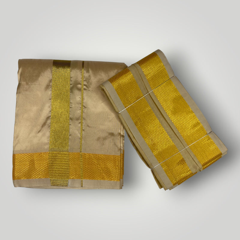 Horad Premium Art Silk Dad and Son Light Gold  Shirt + Dhoti + Angavastram + Belt