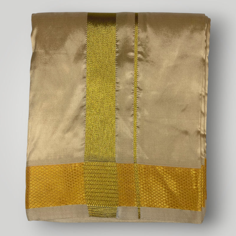 HORAD Premium Art Silk Light Gold  Dhoti with Shirt Material + Angavastram