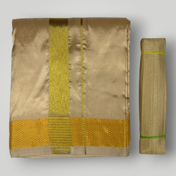 HORAD Premium Art Silk Light Gold Dhoti with Shirt Material + Belt