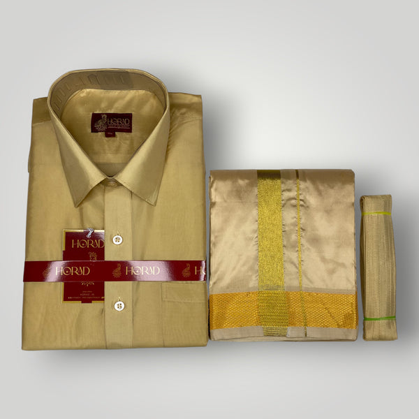 Horad Premium Art Silk Light Gold  Shirt + Dhoti +  Angavastram + Belt
