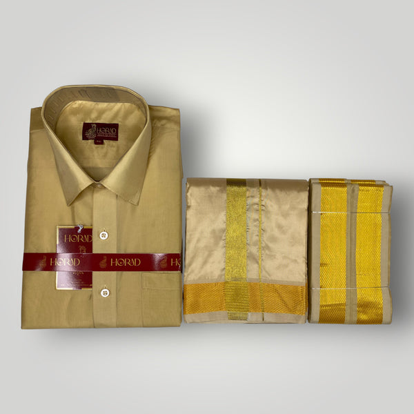 Horad Premium Art Silk Light Gold  Shirt + Dhoti +  Angavastram + Belt
