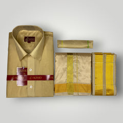 Horad Premium Art Silk Dad and Son Light Gold  Shirt + Dhoti + Angavastram + Belt