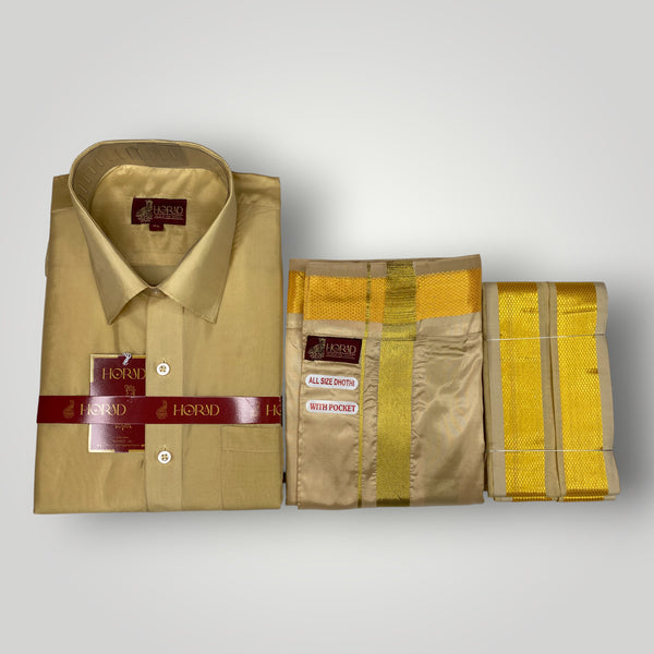 Horad Premium Art Silk Light Gold  Shirt + Welcro Dhoti + Angavastram