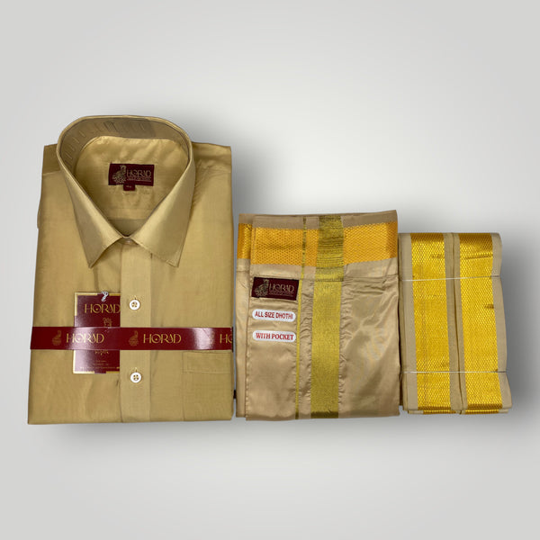Horad Premium Art Silk Dad and Son Light Gold  Shirt + Welcro Dhoti + Angavastram