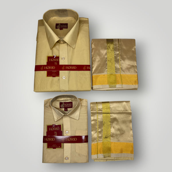 Horad Premium Art Silk Dad and Son Light Gold  Shirt + Dhoti