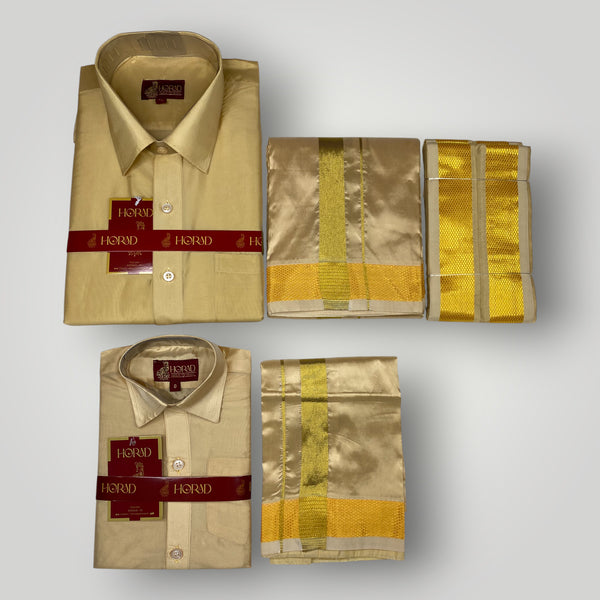 Horad Premium Art Silk Dad and Son Light Gold  Shirt + Dhoti + Angavastram