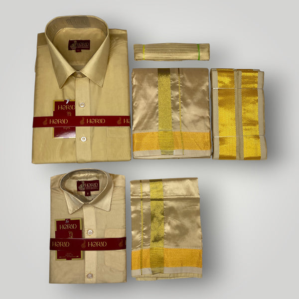 Horad Premium Art Silk Dad and Son Light Gold  Shirt + Dhoti + Angavastram + Belt