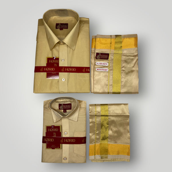 Horad Premium Art Silk Dad and Son Light Gold  Shirt + Welcro Dhoti